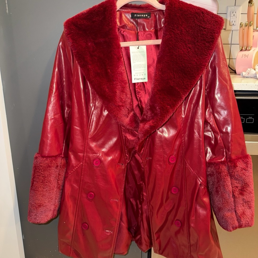 Amazon Red Faux Leather Double-Breasted Coat with Plush Collar